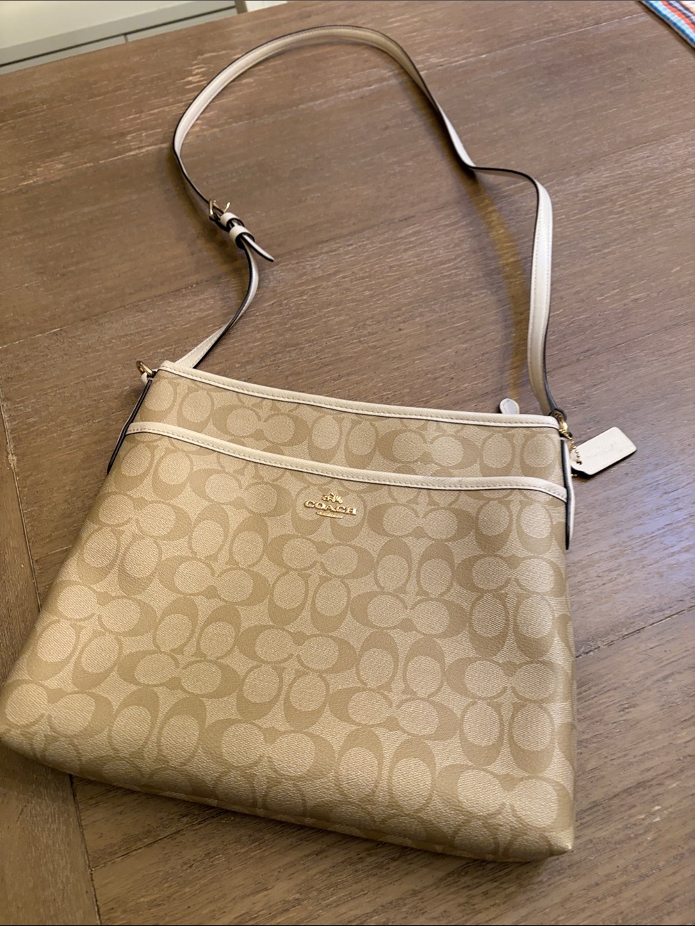 Coach Beige Signature Crossbody Shoulder Bag with Ivory Trim